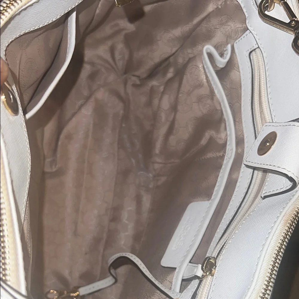 Michael Kors White and Tan Leather Satchel with Gold Hardware